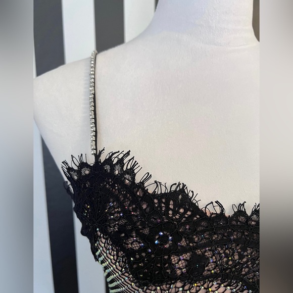 Nude Crystal Rhinestone Mesh Dress with Black Lace & Rhinestone Straps - NWT - Picture 6 of 10